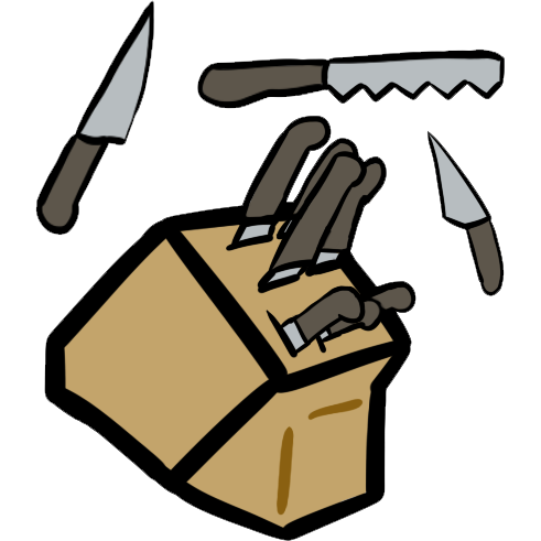  A drawing of a light brown knife block. There are large and small knives with black handles sticking out of it. A steak knife, a serrated knife, and a paring knife float around it.